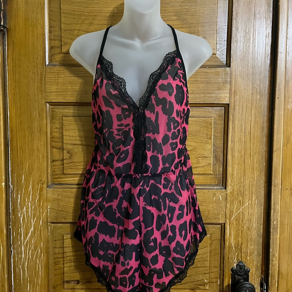 Pink and Black Leopard Print Lace Romper